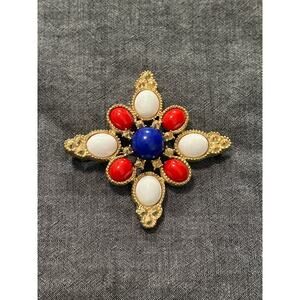 Brooch Sarah Coventry  Red White Blue gold tone Maltese acrylic cabochon 1971